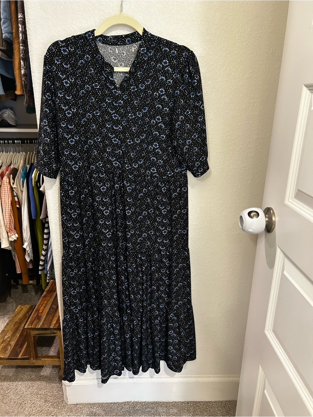 Women's Black Floral Midi Dress with Blue Accents